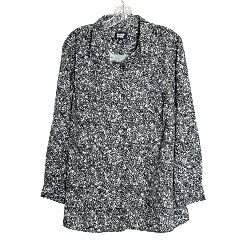 Lands End Roll Tab 1X Gray Floral Print Lightweight Button Down Shirt Zip Pocket